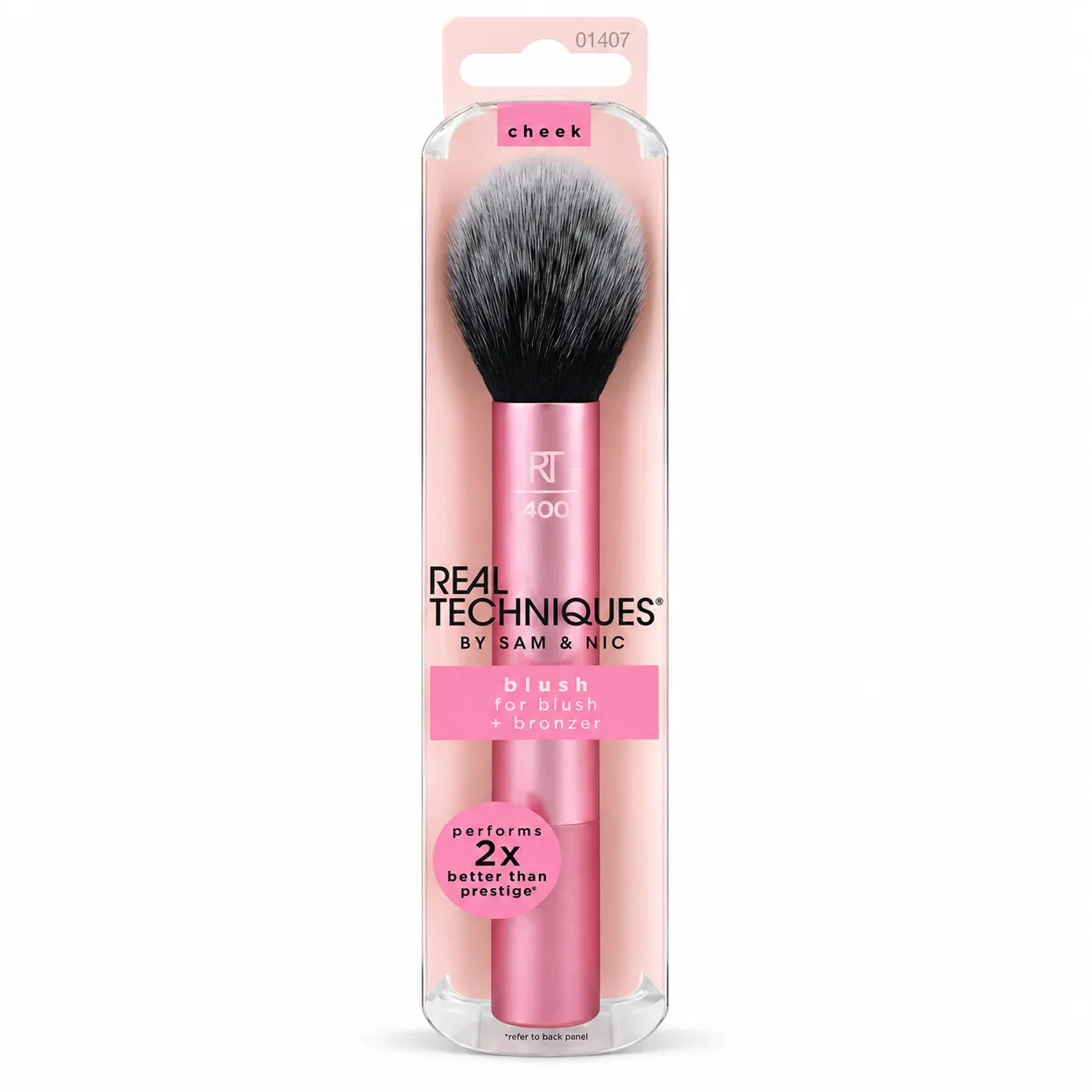 براش رژگونه و برنزر ریل تکنیکس مدل Cheek Brush شماره ۴۰۰ با دسته صورتی و موهای مشکی، داخل بسته‌بندی شفاف